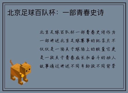 北京足球百队杯:一部青春史诗 北京足球百队杯:一部青春史诗